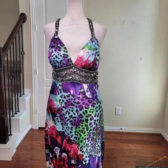 Xscape Y2K Slip Prom Gown Purple 10 Beaded Leopard Print Train Formal Open Back - Picture 7 of 17